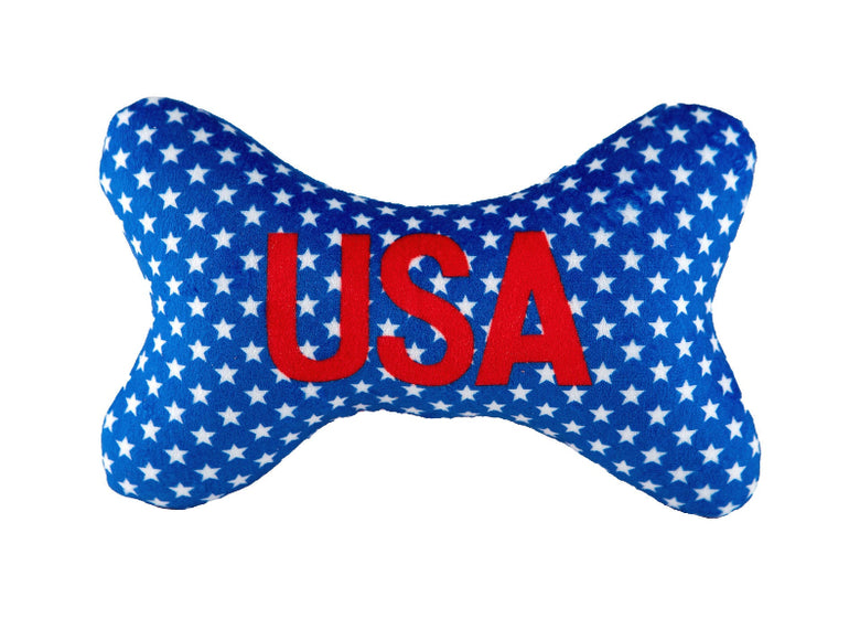 Patriotic Red Wht & Blue USA Bone Plush Squeaky Dog Toy (Double Sided) - 2 Sizes