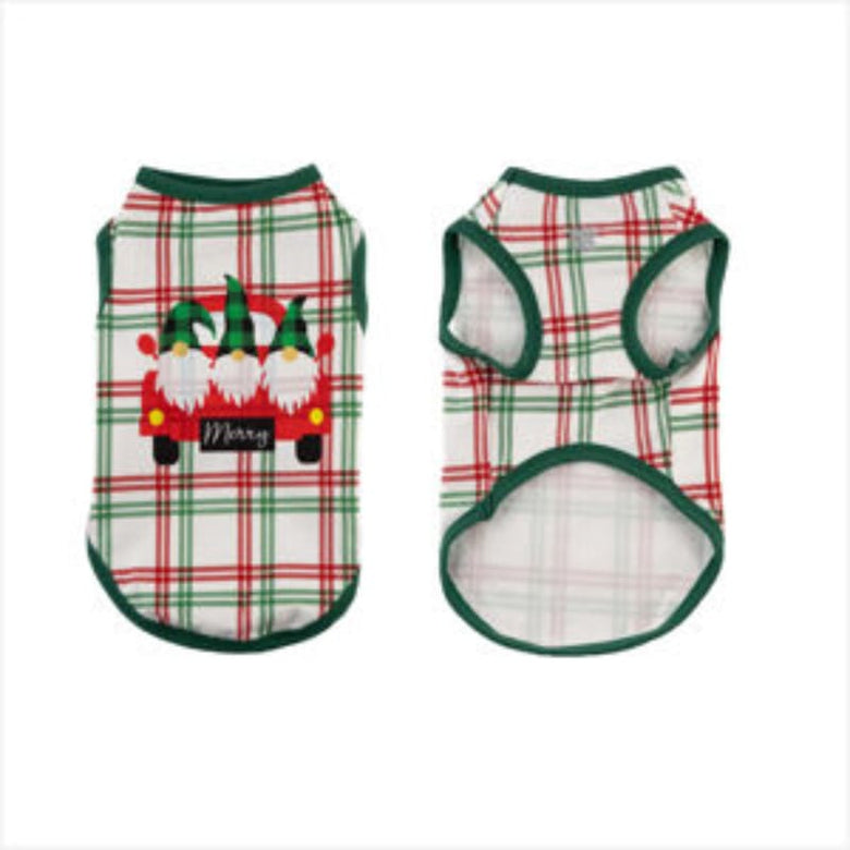 Barker's Bowtique Tee's Gnomes Christmas Holiday Green Plaid Pet Tank