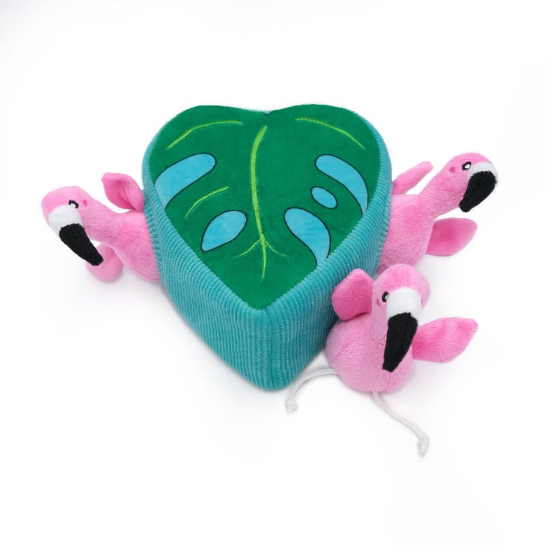 ZippyPaws dog toys Flamingos in Monstera Green Leaf Burrow Plush Dog Toy Set - 4 Pc