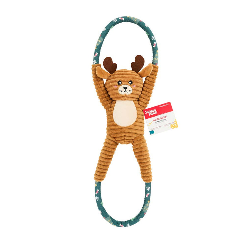 Christmas Holiday Season RopeTugz Reindeer Green Rope Plush Squeaky Tug Dog Toy