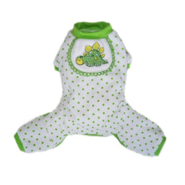 Pooch Outfitters Pajamas 2XS Lime Green Dino Polkadot with Bib and Embroidery Design Pet Pajamas