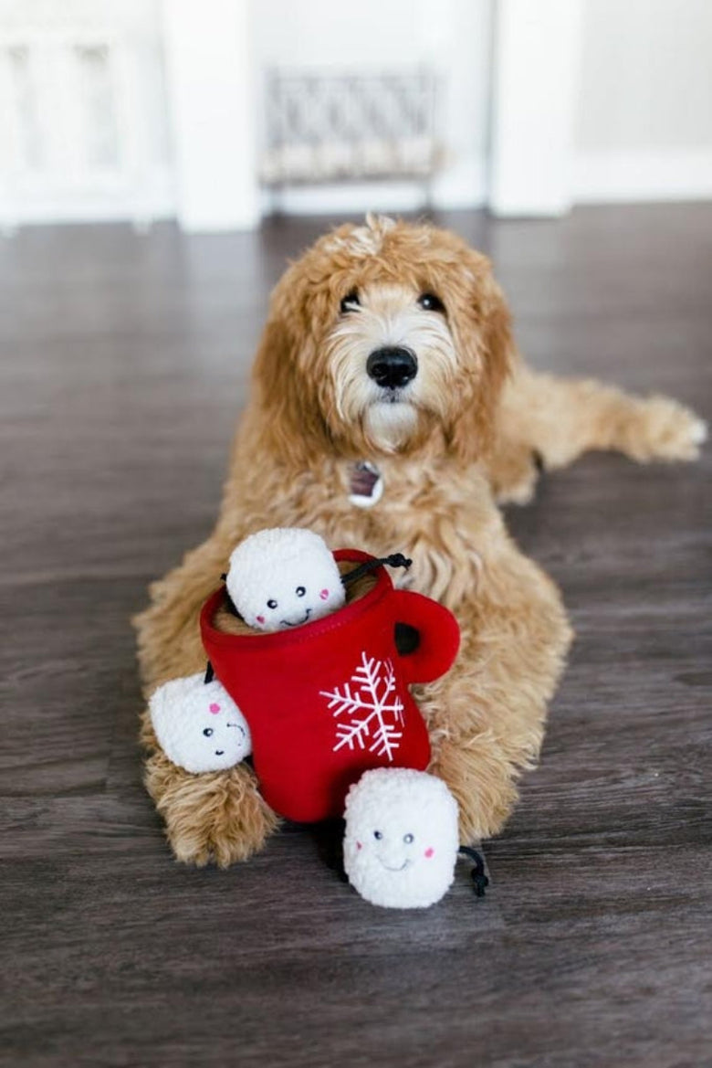 Holiday Christmas Burrow Hot Cocoa Interactive Plush Squeak Dog Toy Set - 4Pc
