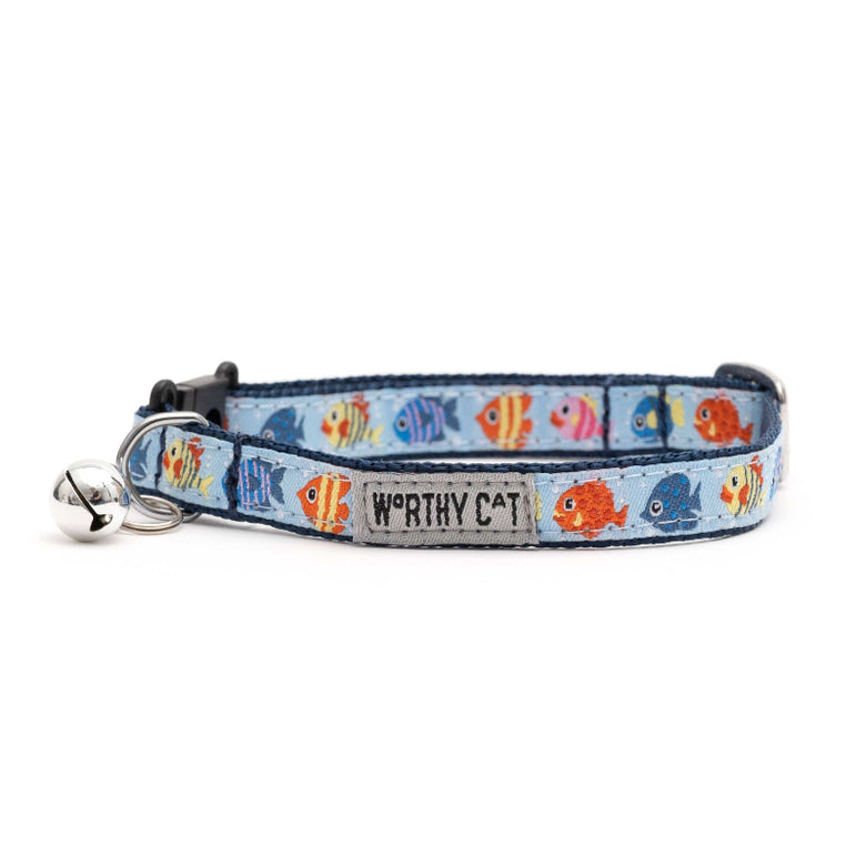The Worthy Dog COLLARS Fishy Blue Cat Collar with Bell - One Size Fits Most