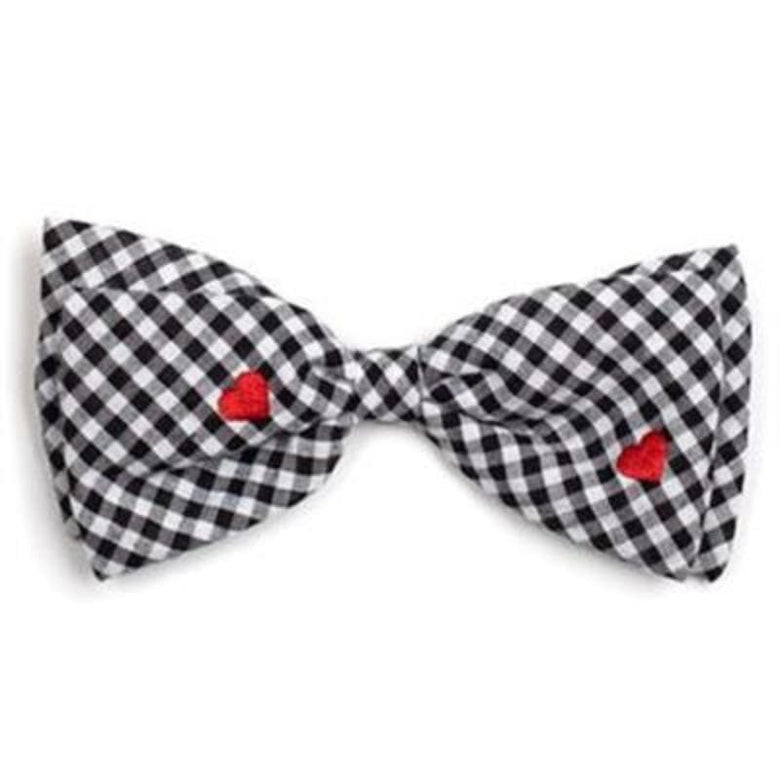 THE WORTHY DOG Bow Ties Gingham Blk/Wht Red Hearts Bow Tie Pet Collar Attachment