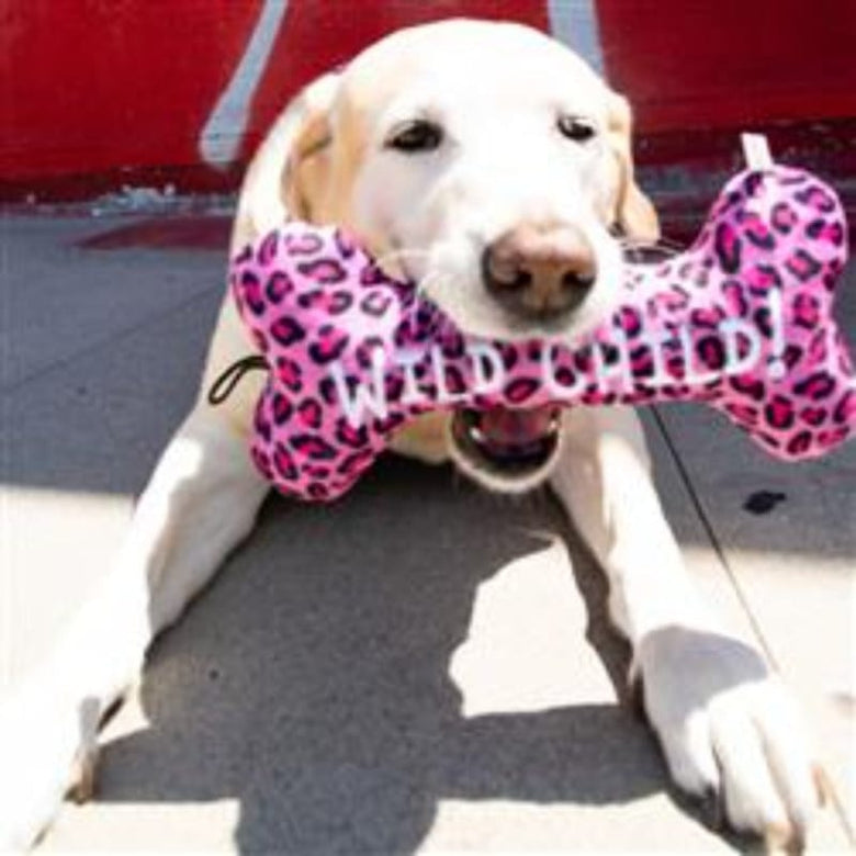 Huxley & Kent dog toys L Wild Child Cheetah Pink Bone Plush Squeak Dog Toy