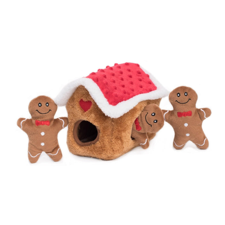 Holiday Christmas Burrow Gingerbread House Interactive Dog Toy Set - 4 Pc