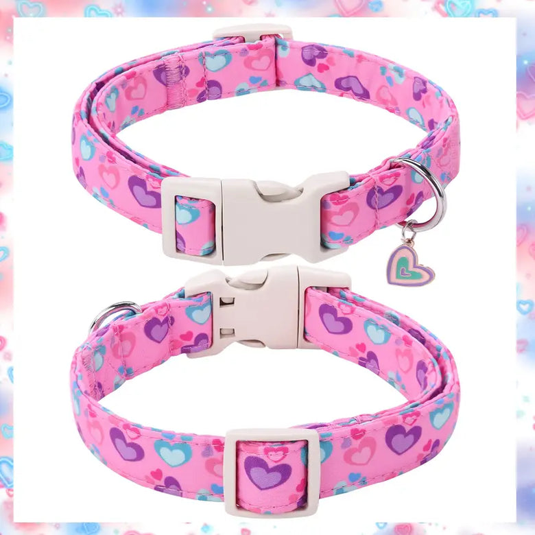 TM - PETS IN FAIRYLAND Collars Cartoon Hearts Pattern with Charm Pink Dog Collar