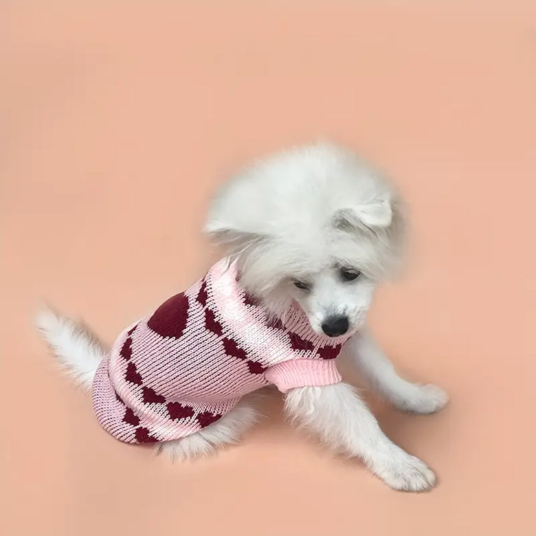 TM - CUTE PET LIFE PAVILION Dog Apparel Hearts Knit Pullover Turtleneck Pink Dog Sweater