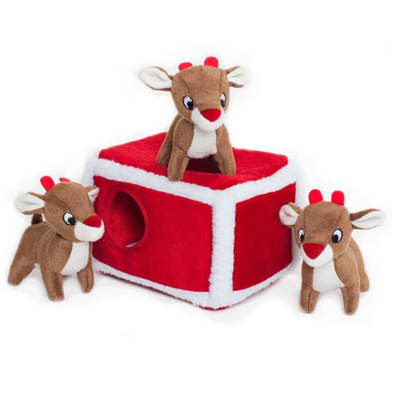 Holiday Christmas Burrow Reindeer Pen Interactive Plush Squeak Dog Toy Set - 4Pc