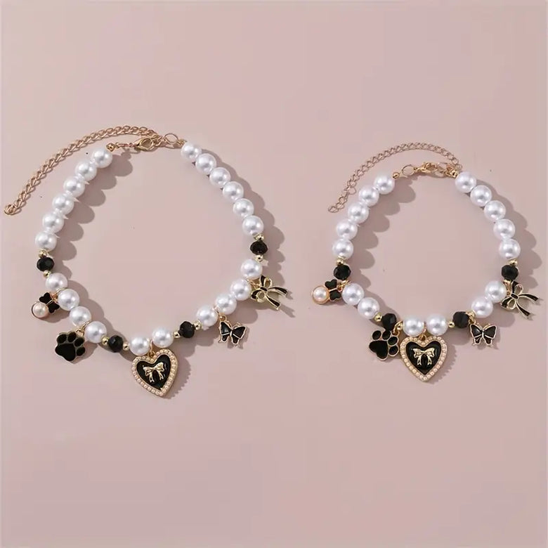 TM - JJPET Collars Heart with Bows and Paw Print Charms Faux Pearl Pet Necklace - 2 Colors