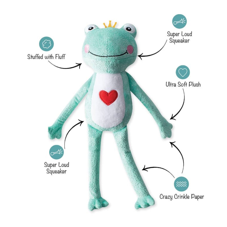 Petshop by Fringe Studio dog toys Prince Charming Love Heart Frog Plush Squeak Dog Toy