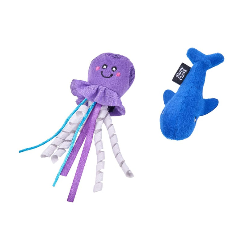 ZippyClaws Cat Toys Jellyfish and Whale ZippyClaws Mesh Mates Cat Toy Set - 2 Pack