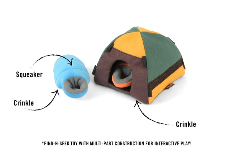Camp Corbin Trailblazing Tent Interactive Burrow Plush Squeaky Dog Toy Set - 3 Pc