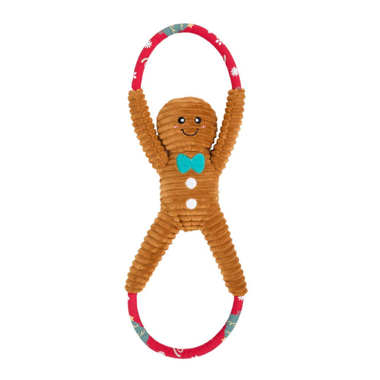 Christmas Holiday RopeTugz Gingerbread Man Plush Squeaky Tug Dog Toy