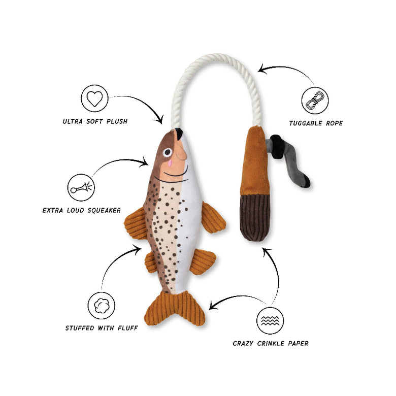 On The Line Fish on a Rod Plush Squeaky Rope Dog Toy