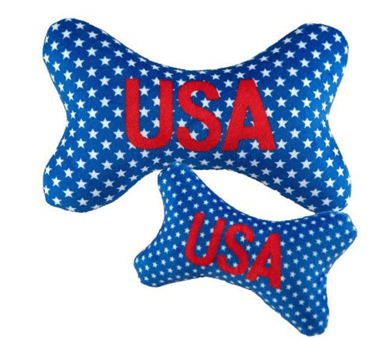 Patriotic Red Wht & Blue USA Bone Plush Squeaky Dog Toy (Double Sided) - 2 Sizes
