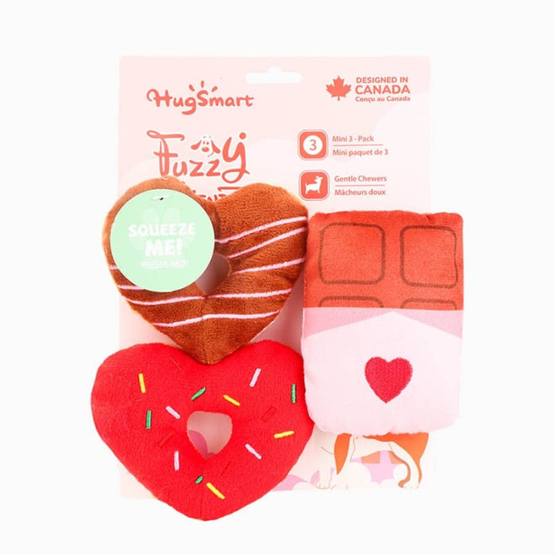 Hugsmart Products Inc dog toys Woof Love Heart Shaped Donuts with Choco Bar Plush Dog Toy Set - 3 Pc