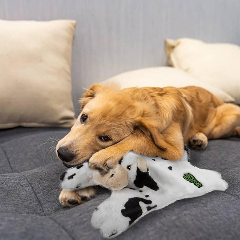 GoDog dog toys Barnyard Buddies Cow Squeaky Plush Flattie Dog Toy - 2 Sizes