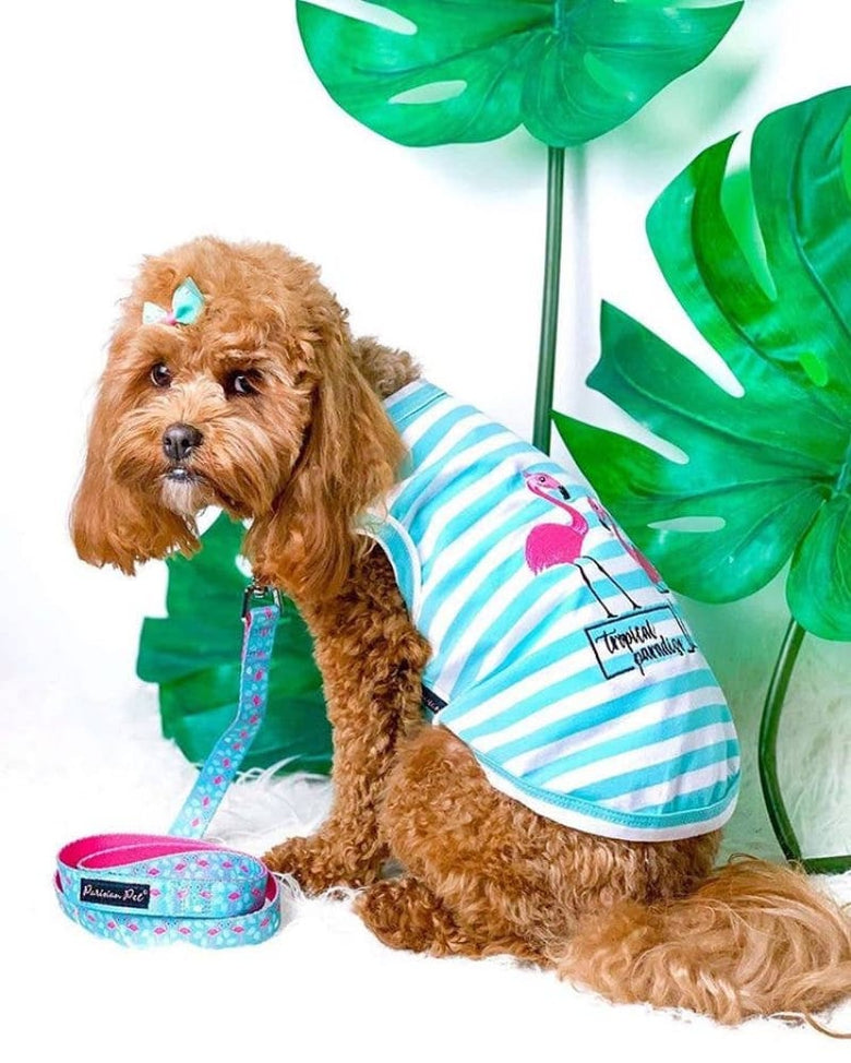 Parisian Pet® Tee's Pink Flamingos Tropical Paradise Blue Stripe Dog T-Shirt