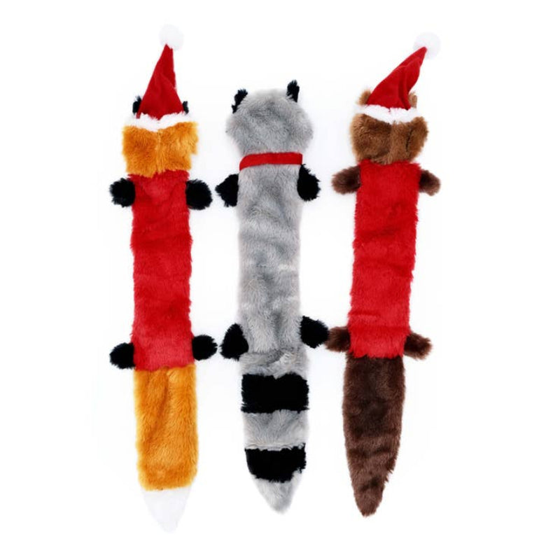 Holiday Skinny Peltz (Santa Fox, Raccoon, Elf Squirrel) Christmas Dog Toys - 3 Pk