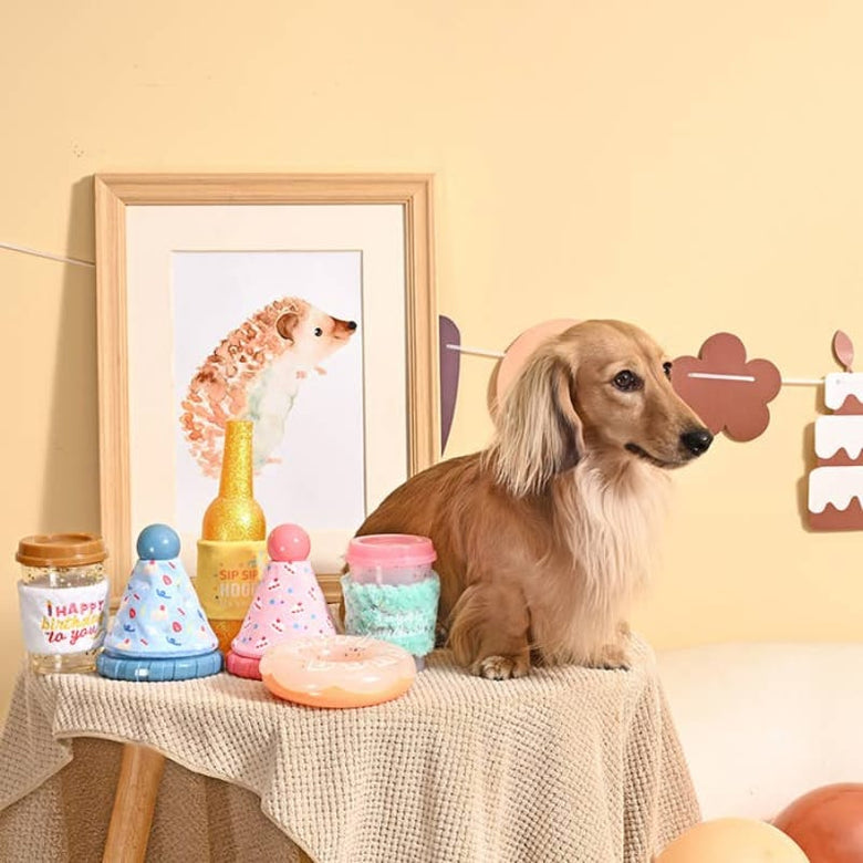 Hugsmart Products Inc dog toys Yappy Birthday Pink Birthday Coffee Cup Rubber Dog Toy