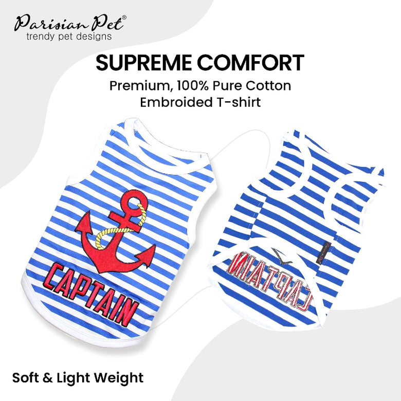 Captain Blue Striped Embroidered Red Anchor Summer Beach Dog Tee