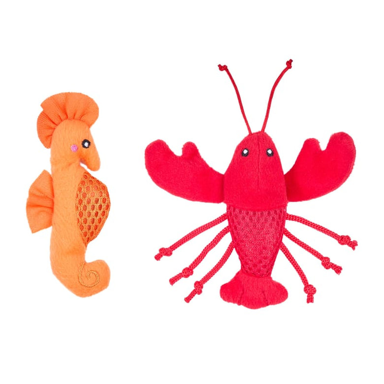 ZippyClaws Cat Toys Seahorse and Lobster Mesh Mates Plush Cat Toy Set - 2 Pack