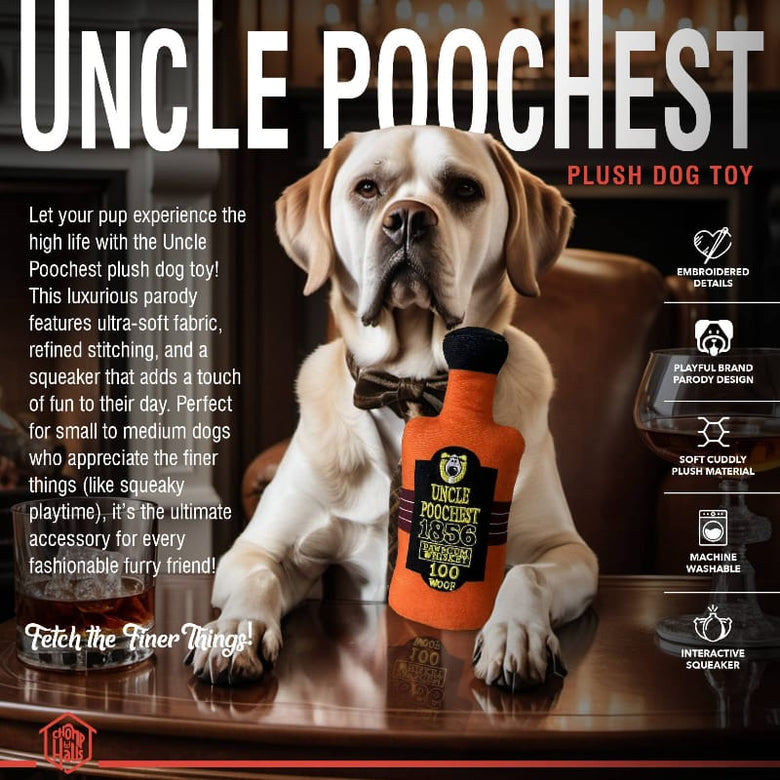 Chomp Haus Dog Toys Uncle Poochest Plush Bottle Squeaky Dog Toy