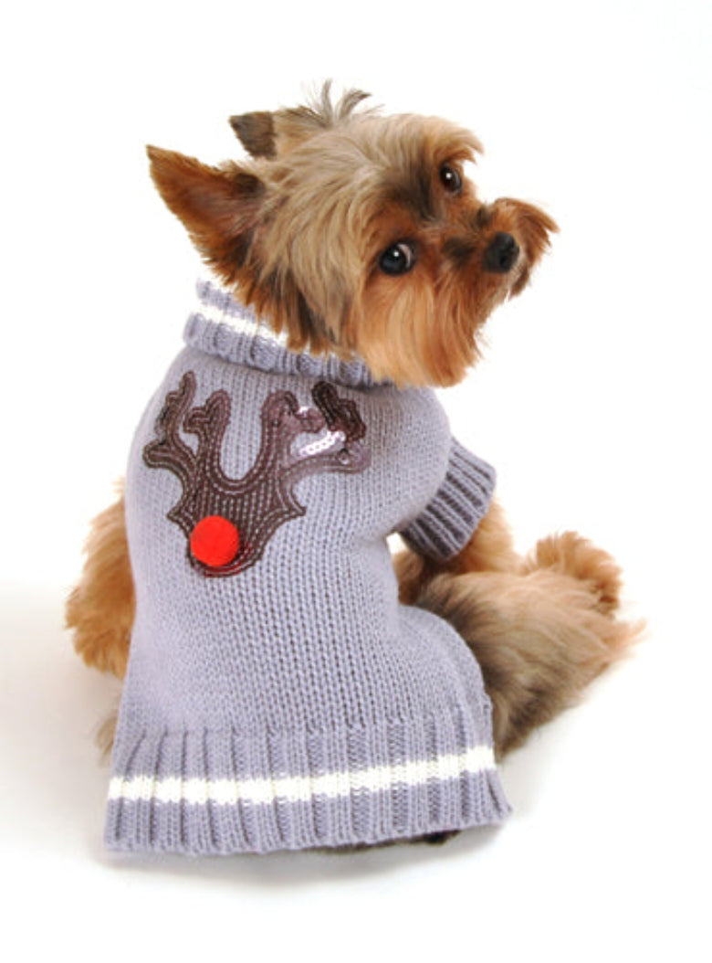 Reindeer Red Pom Pom Nose Christmas Holiday Gray Dog Sweater