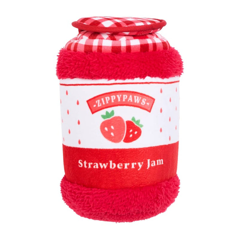 ZippyPaws dog toys Strawberry Jam Jar Bungee Burrow Interactive Plush Squeaky Dog Toy