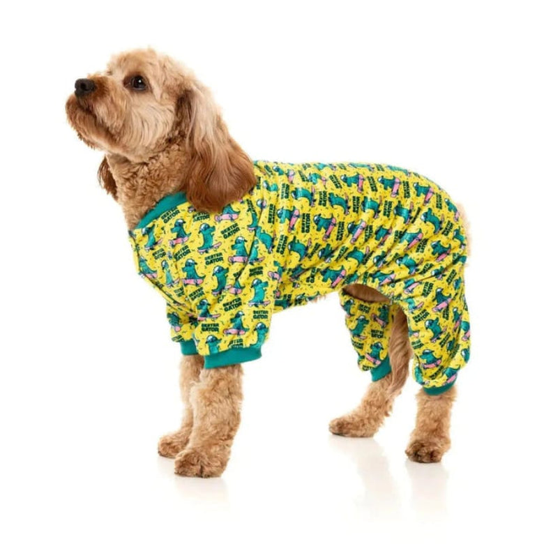 FuzzYard Dog Apparel Sk8ter Gator Plush Green & Yellow Dog Pajamas