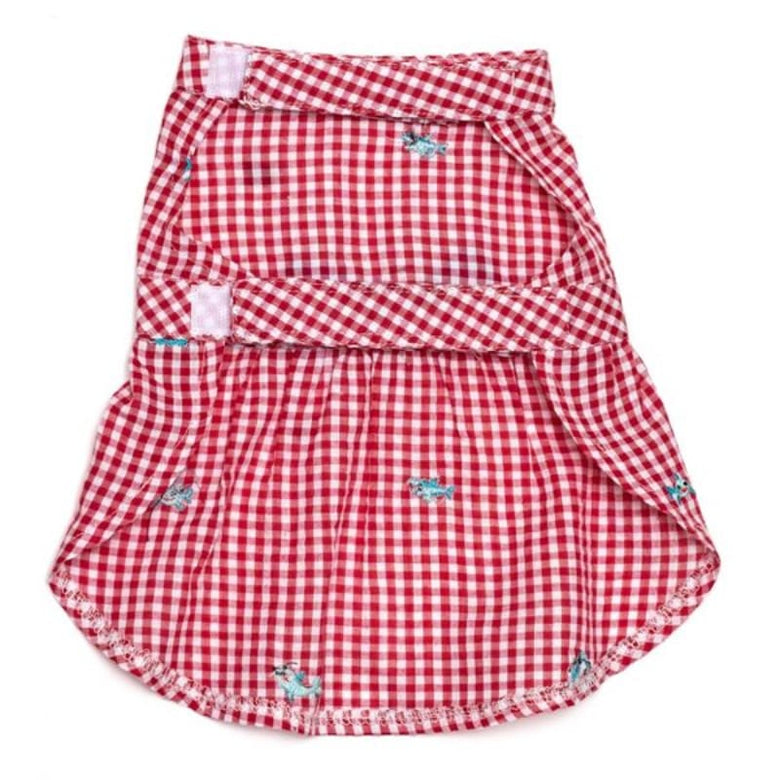The Worthy Dog DRESSES Gingham Red & White Check with Teal Blue Bow Embroidered Sharks Chomp Dog Dress