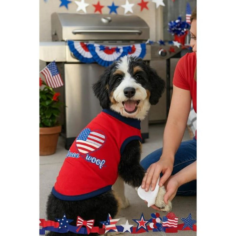 Parisian Pet Tee's Peace, Love, Woof Flag Heart Red White Blue Dog Tee