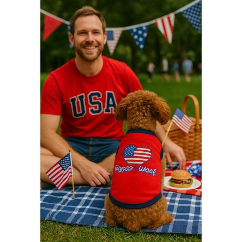 Parisian Pet Tee's Peace, Love, Woof Flag Heart Red White Blue Dog Tee