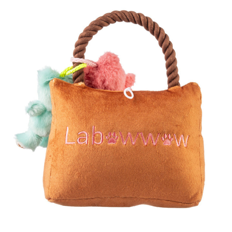 Labowwow Brown Handbag Plush Squeaky Rope Dog Toy Set - 3 Pc