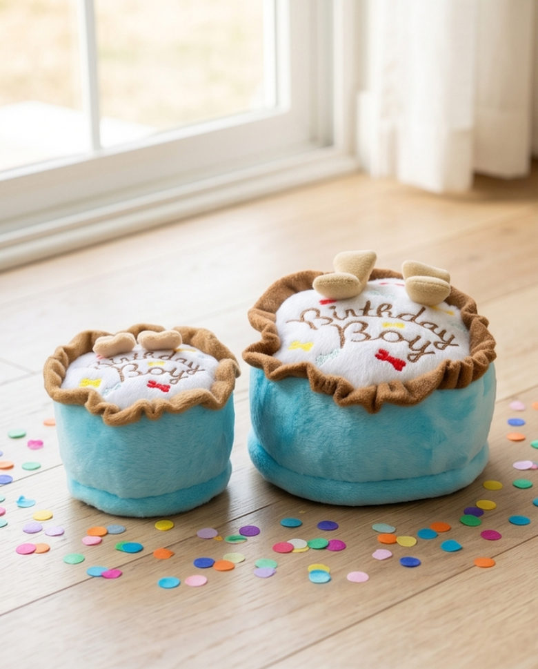 Birthday Boy Blue Cake Plush Squeaky Dog Toy - 2 Sizes