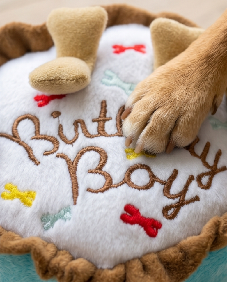 Birthday Boy Blue Cake Plush Squeaky Dog Toy - 2 Sizes