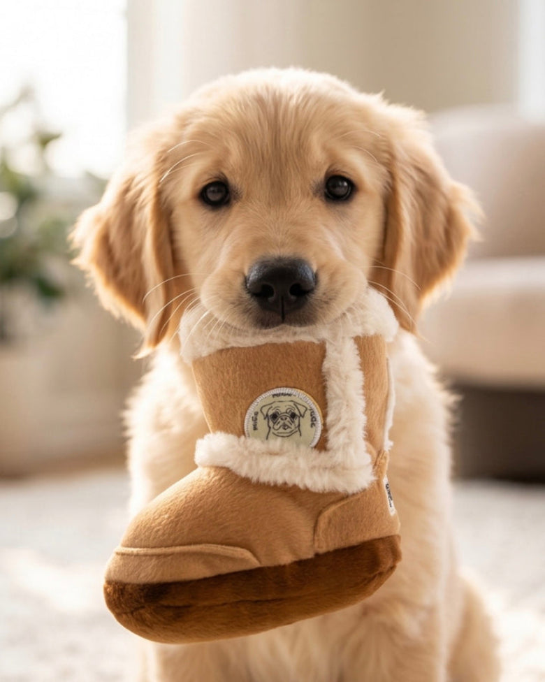 Pugg Boot Brown Plush Squeaky Dog Toy
