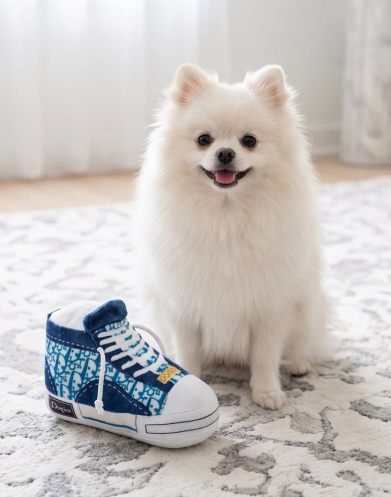 Dog-ior High-Top Blue Tennis Shoe Plush Squeaky Dog Toy
