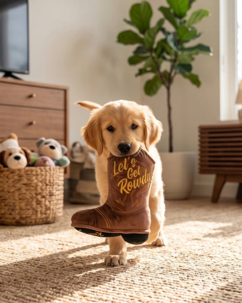 Brown Cowboy Boot "Let's Get Rowdy" Western Plush Squeaky Dog Toy