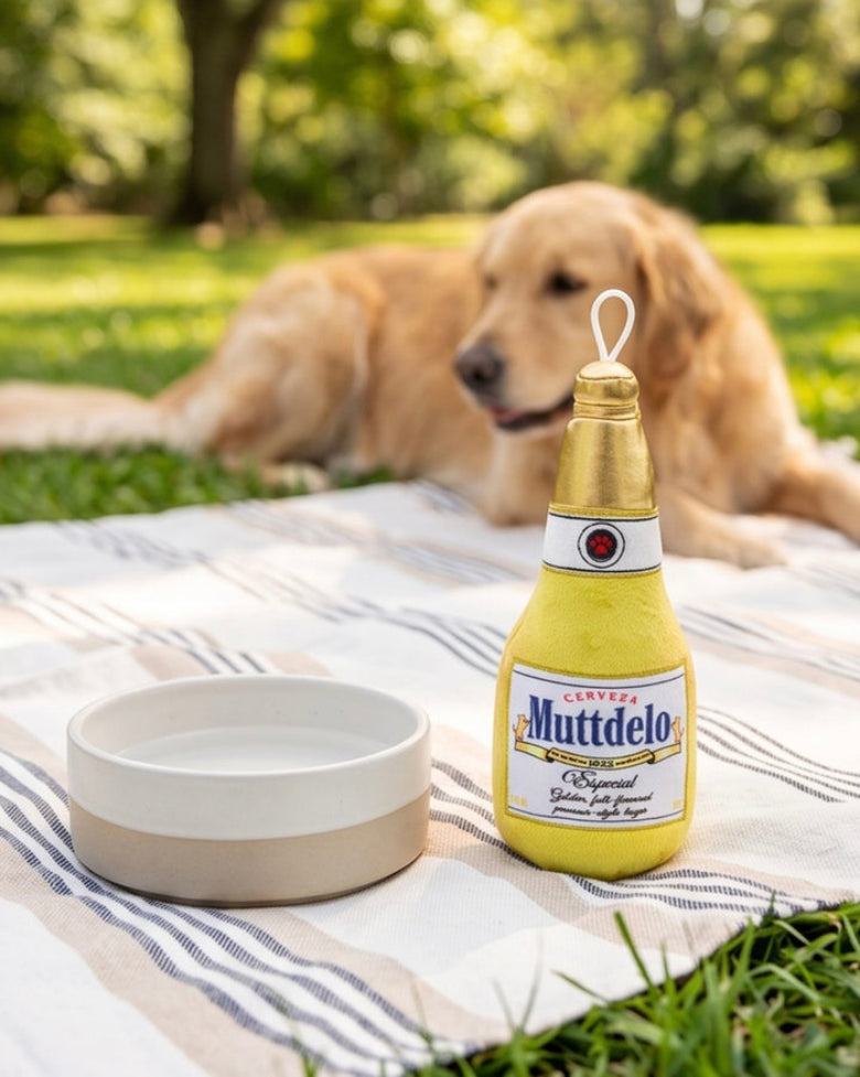 Muttdelo Beer Bottle Yellow Plush Squeaky Dog Toy