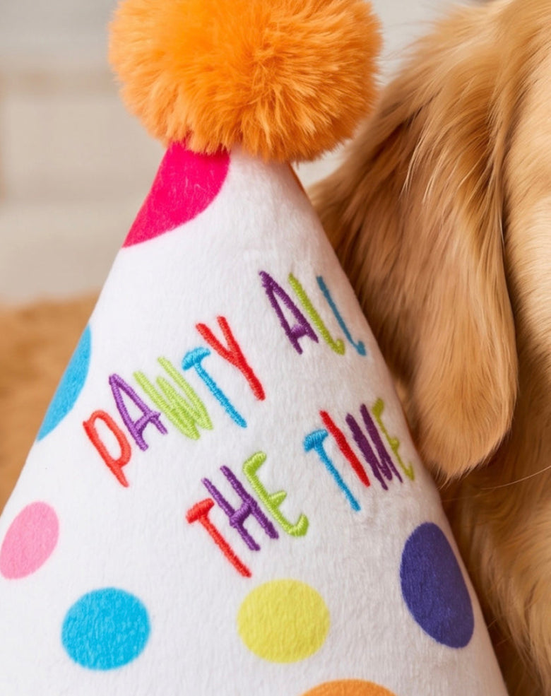 Happy Birthday Pawty Hat Colorful Dots Plush Squeaky Dog Toy