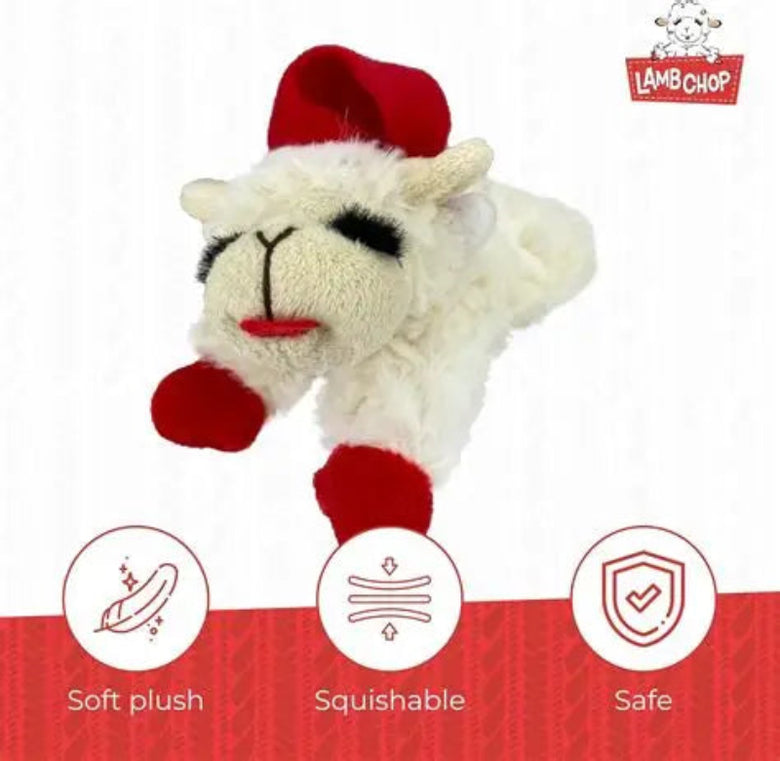 Christmas Holiday Lamb Chop with Santa Hat Plush Squeaky Dog Toy - 6"