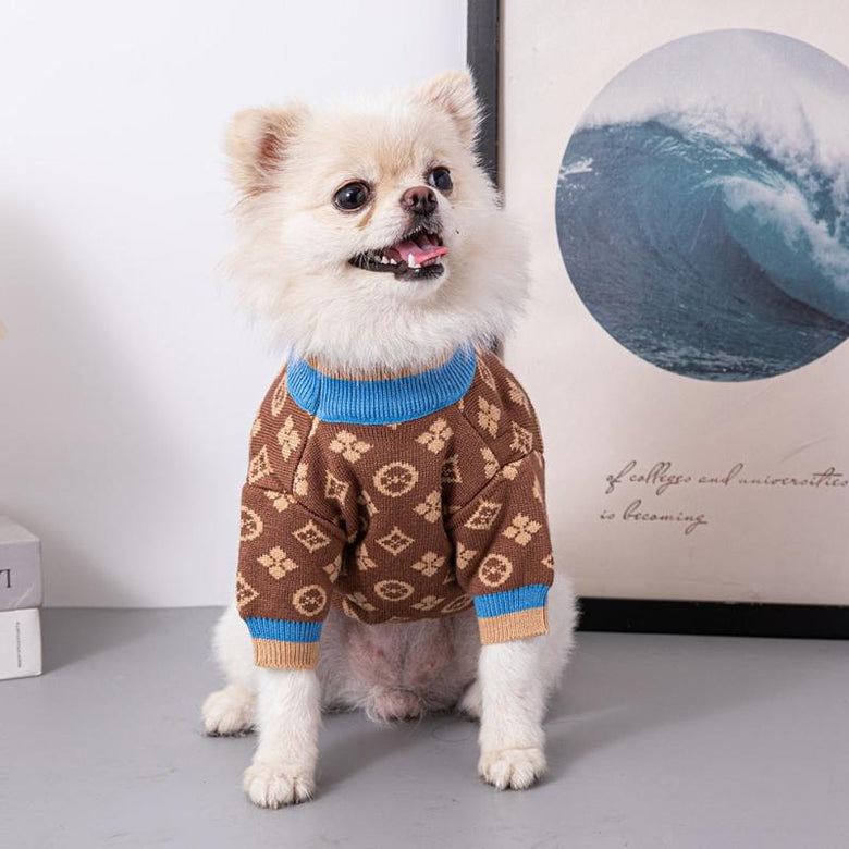 AE-DPSS SWEATERS Luxury Pet Sweater - Brown & Tan Patterned with Teal Trim