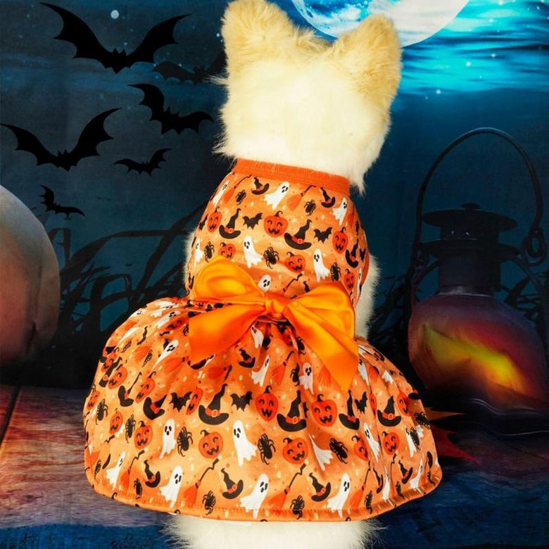 AE-CATSANDDOGSLIFESTORE dog apparel Orange Halloween Print w Bow Pet Dress