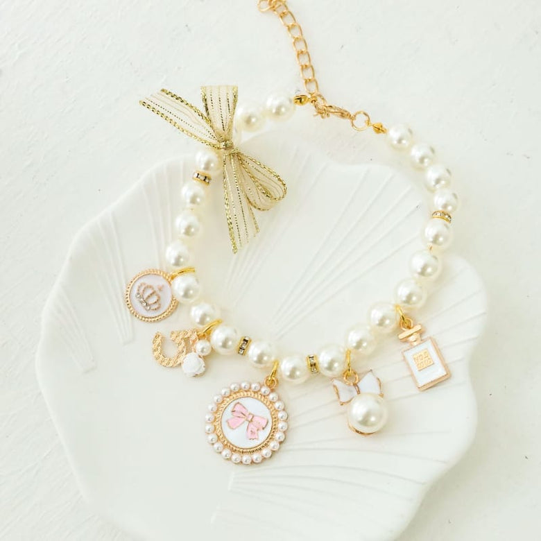 AE-HSTOR Collars S / WHT Fashion Charms Faux Pearls and Bow Pet Necklace - 3 Colors