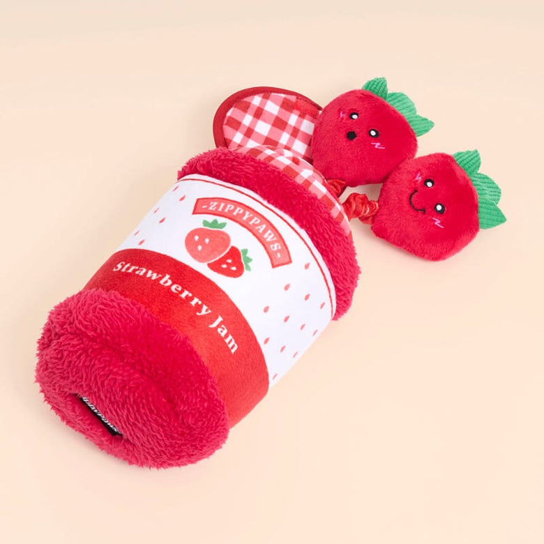 ZippyPaws dog toys Strawberry Jam Jar Bungee Burrow Interactive Plush Squeaky Dog Toy