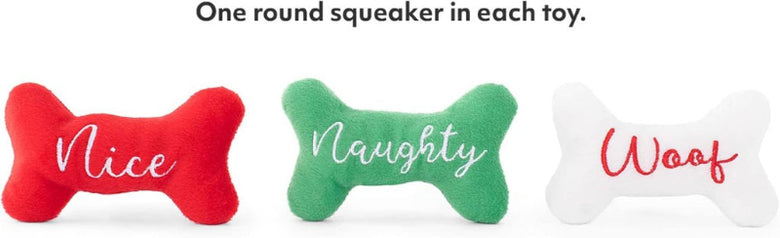 Holiday Miniz Naughty & Nice Bones Plush Squeaky Christmas Dog Toy Set - 3 Pk