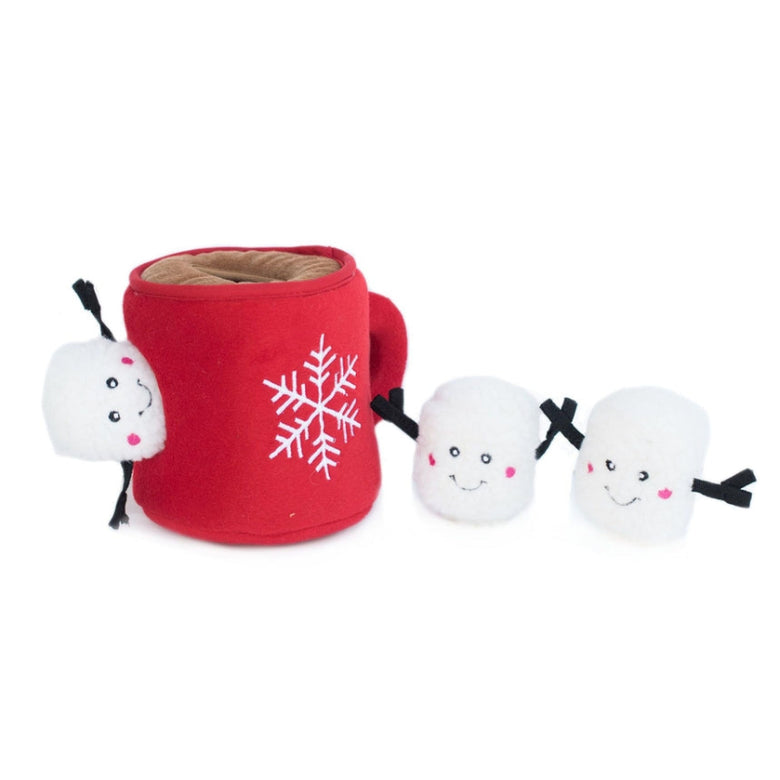 Holiday Christmas Burrow Hot Cocoa Interactive Plush Squeak Dog Toy Set - 4Pc