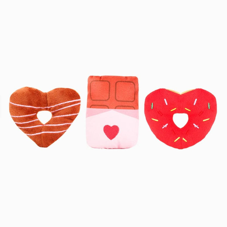 Hugsmart Products Inc dog toys Woof Love Heart Shaped Donuts with Choco Bar Plush Dog Toy Set - 3 Pc